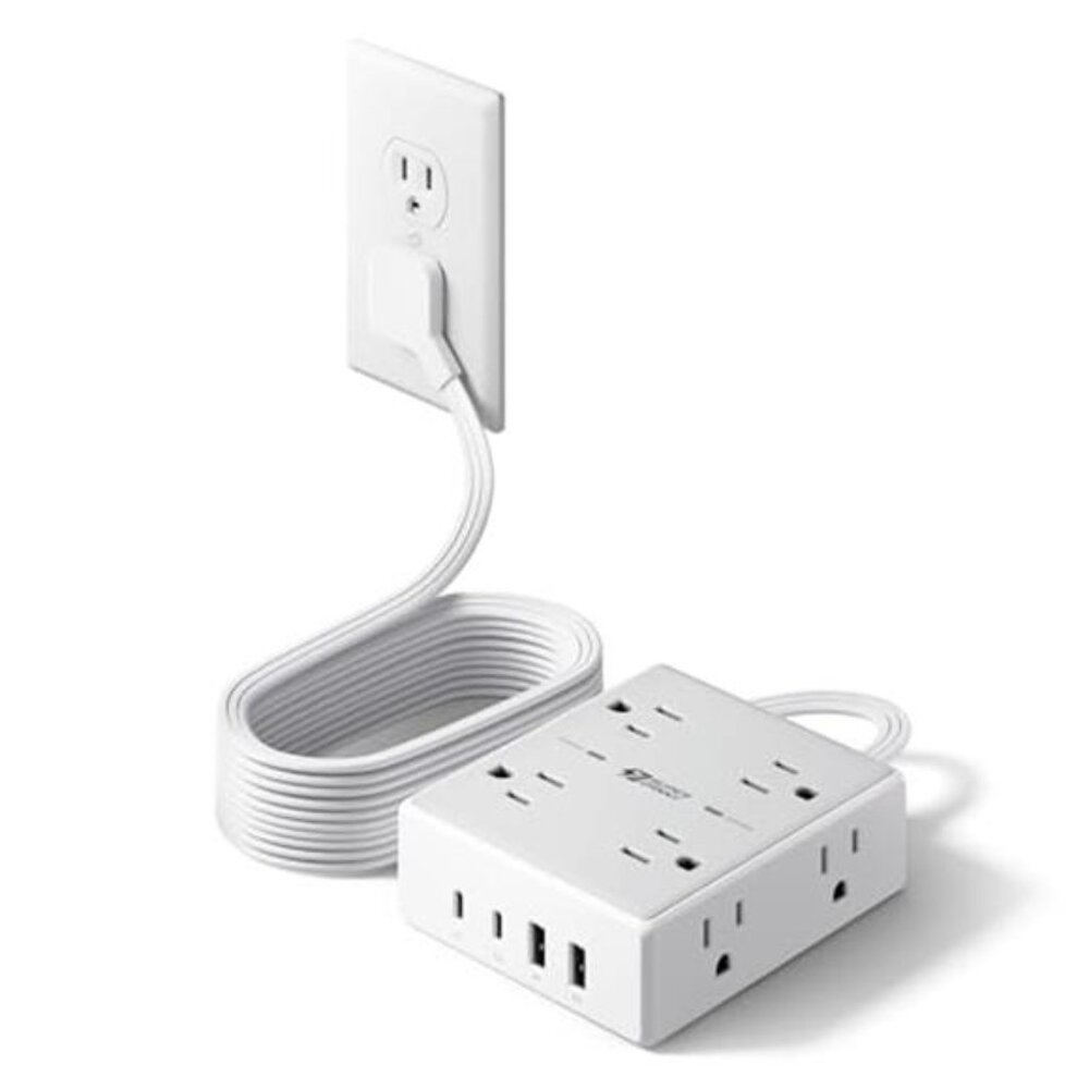 10Ft Extension Cord with Multiple Outlets, Flat Plug Surge Protector Power